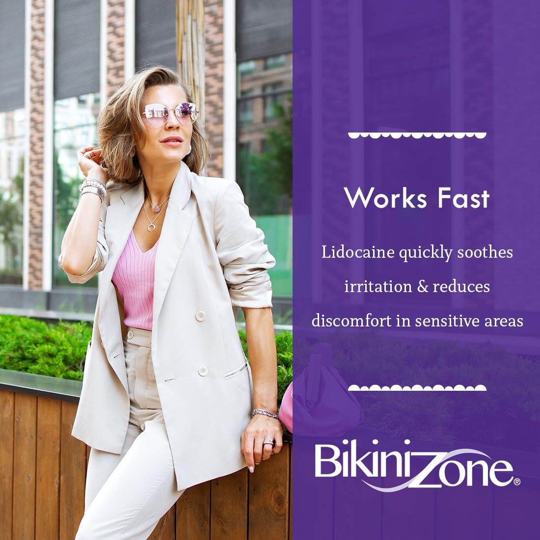 Woman walking confidently outdoors showing fast soothing relief from Bikini Zone after shave crème