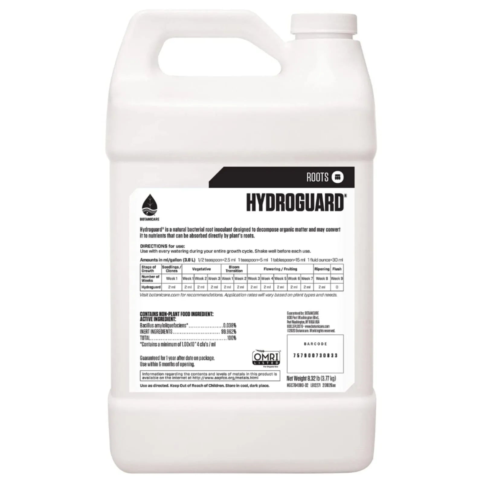 Back label of Botanicare Hydroguard showing ingredients, directions, and dosage chart