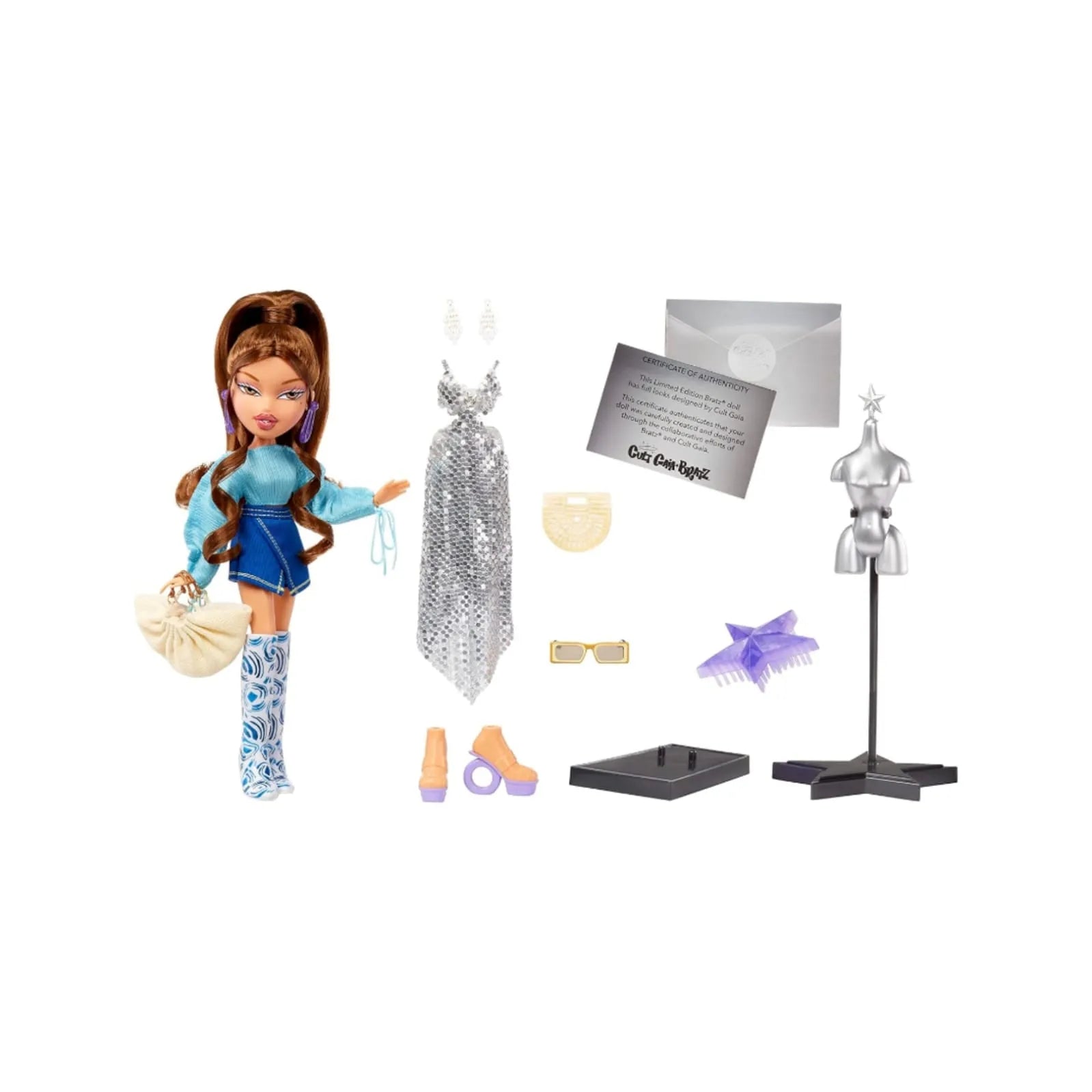 Bratz x Cult Gaia Yasmin special edition doll with second outfit, shoes, handbag, sunglasses, certificate of authenticity, and display stand