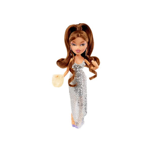 Bratz x Cult Gaia Yasmin doll wearing silver mesh-style dress with long brown hair and handbag accessory