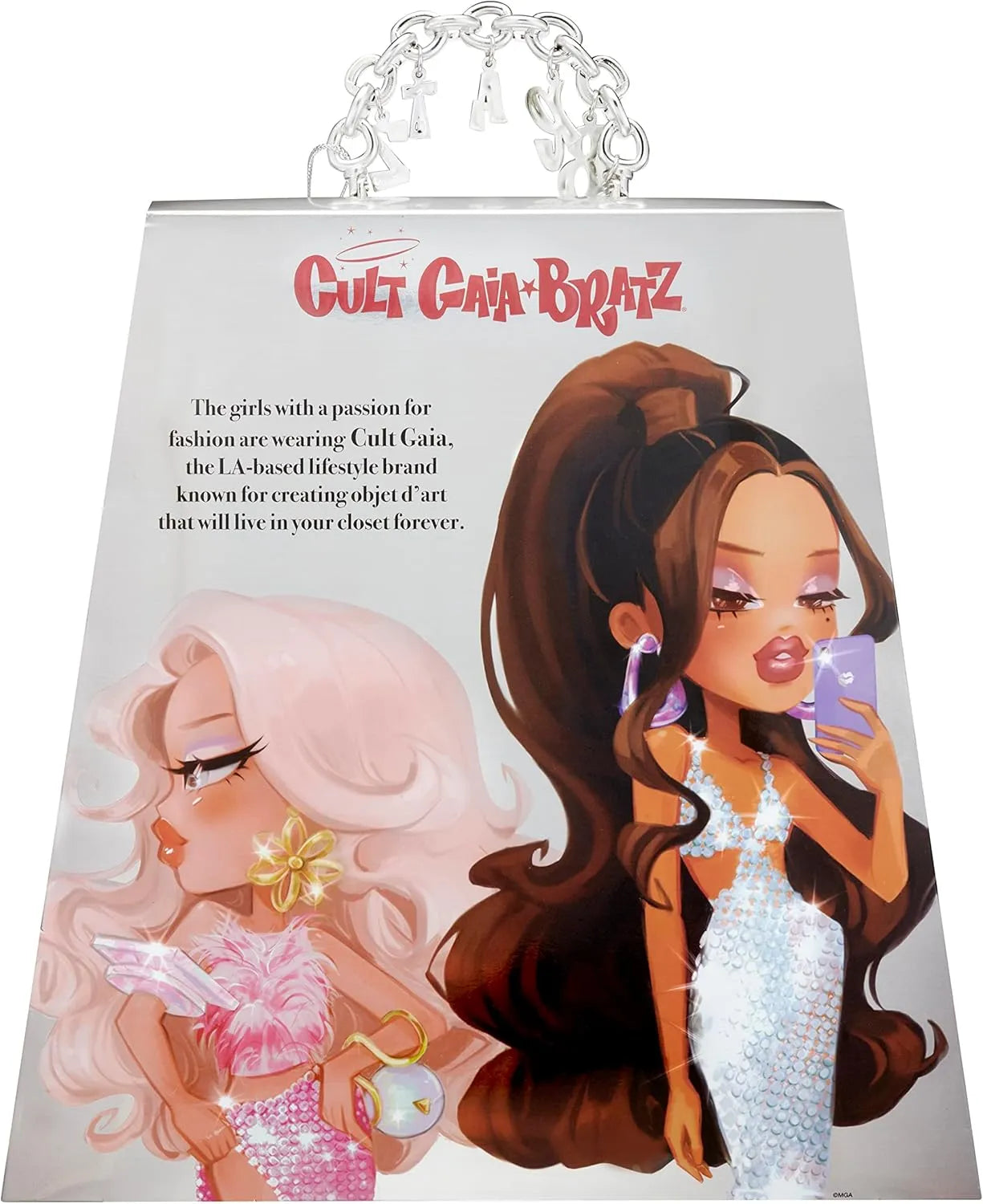 Front artwork of Bratz x Cult Gaia Yasmin special edition doll packaging featuring illustrated characters