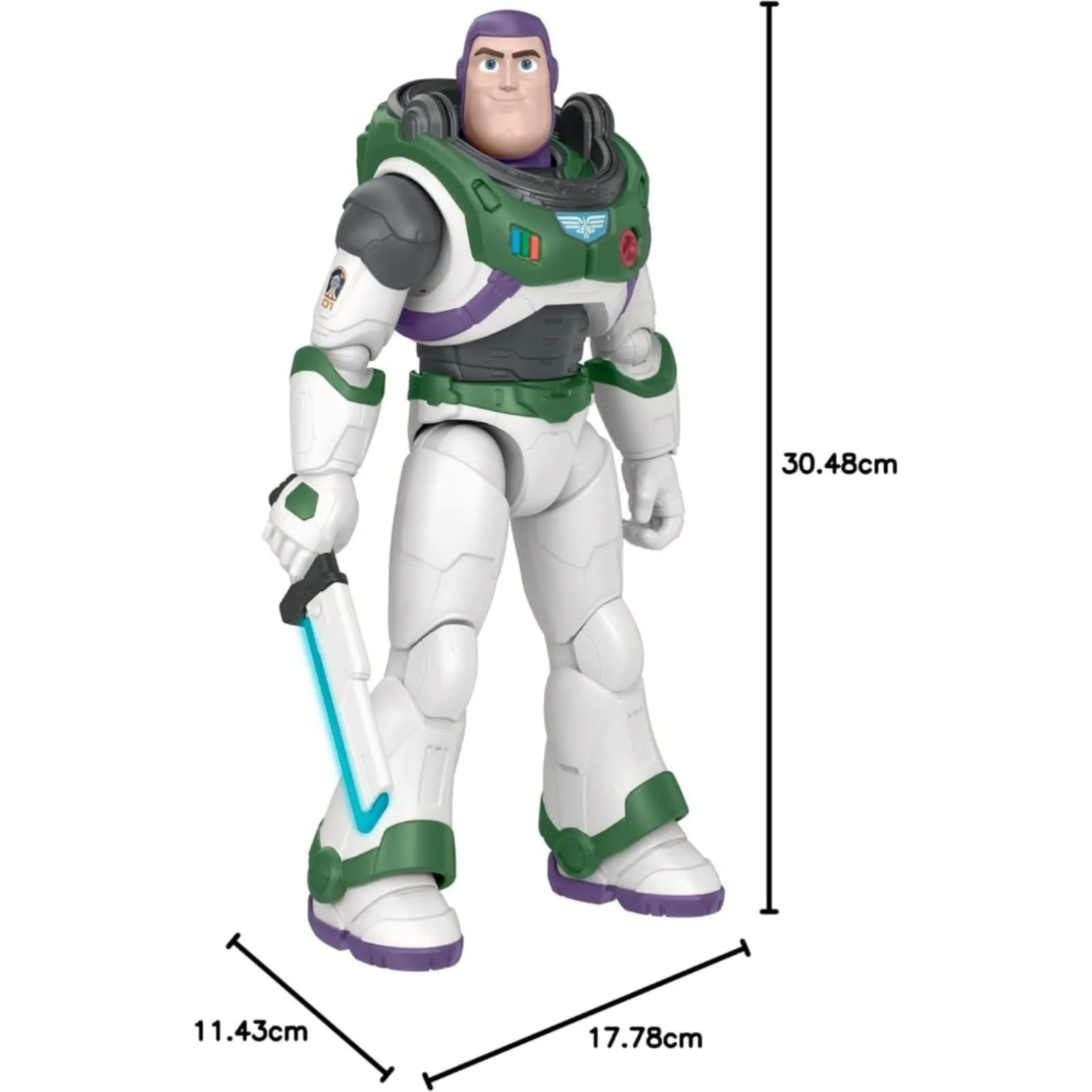 Toy figure of Buzz Lightyear with dimensions on a white background