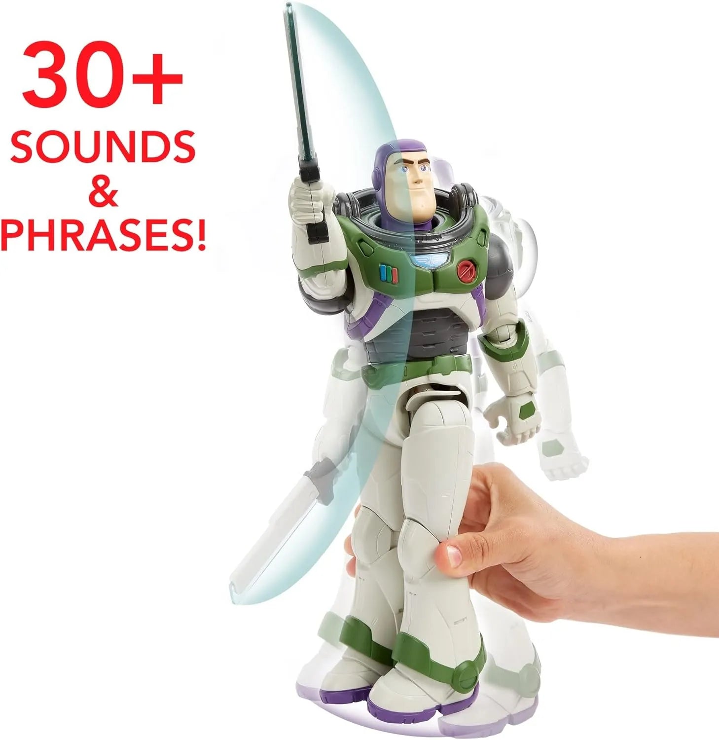 Toy figure of a space ranger with a hand holding it, on a white background with text about sounds and phrases.