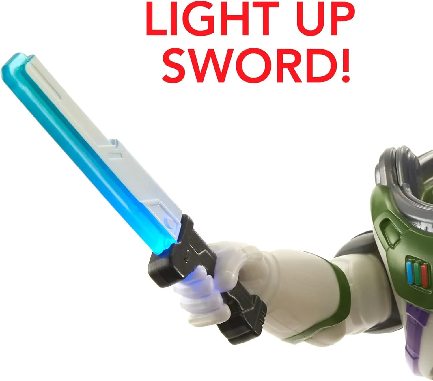 Toy sword with light-up feature held by a character, on a white background with 'LIGHT UP SWORD!' text.