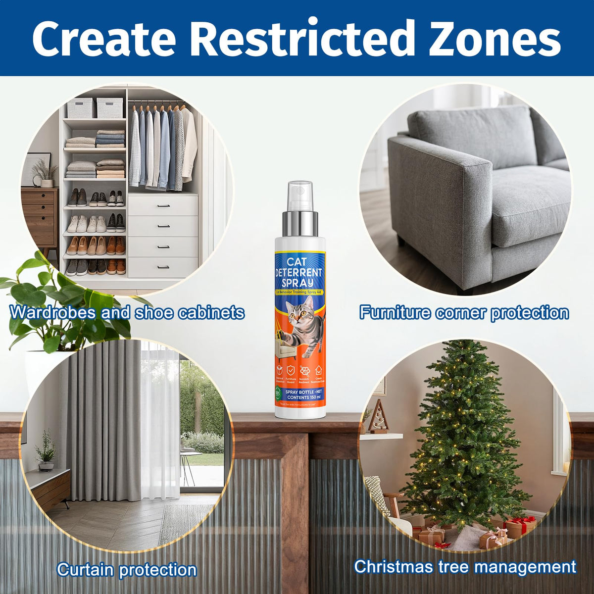 Cat deterrent spray creating restricted zones to protect wardrobes, furniture corners, curtains, and Christmas trees from scratching.