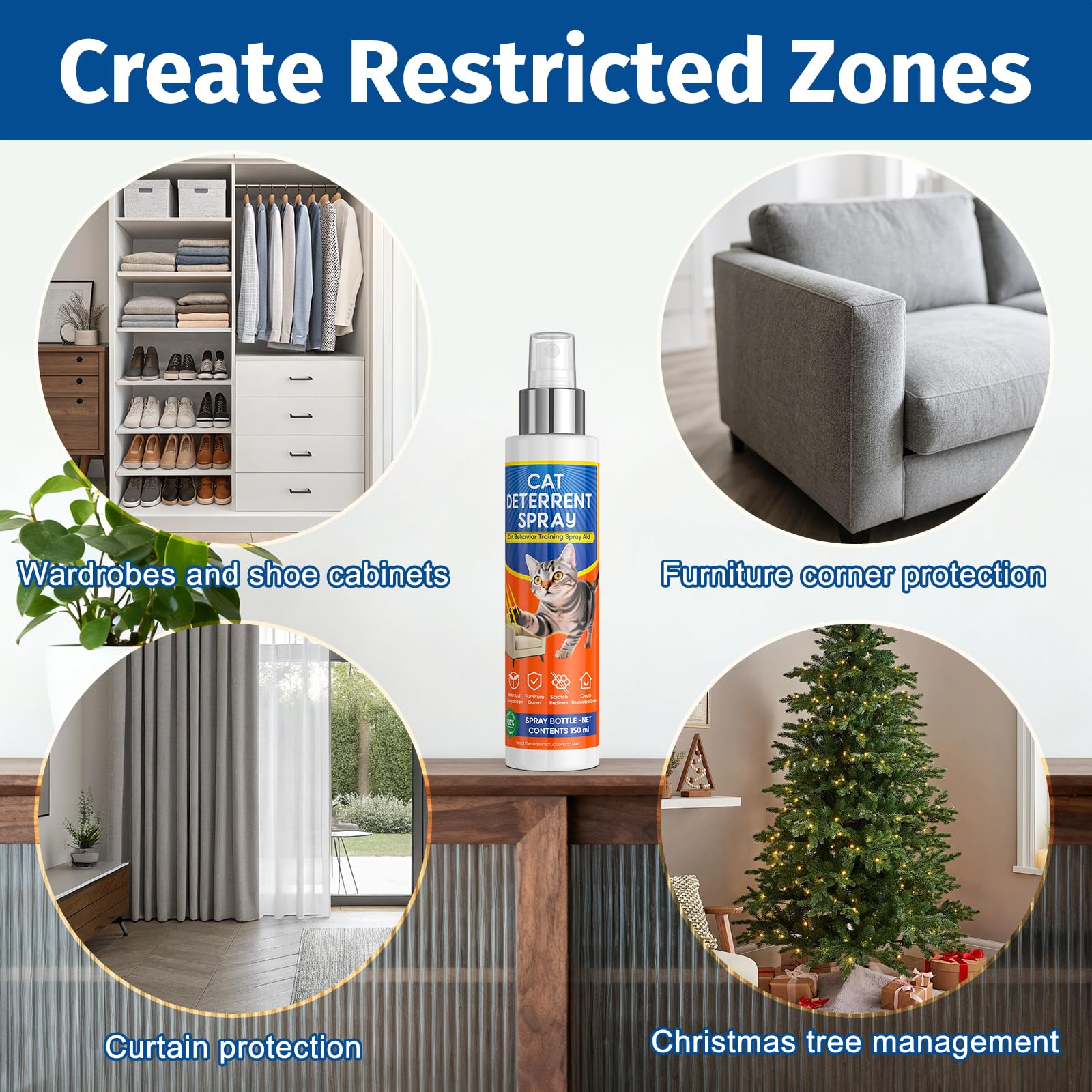Cat deterrent spray creating restricted zones to protect wardrobes, furniture corners, curtains, and Christmas trees from scratching.
