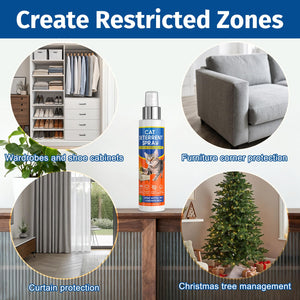 Cat deterrent spray creating restricted zones to protect wardrobes, furniture corners, curtains, and Christmas trees from scratching.