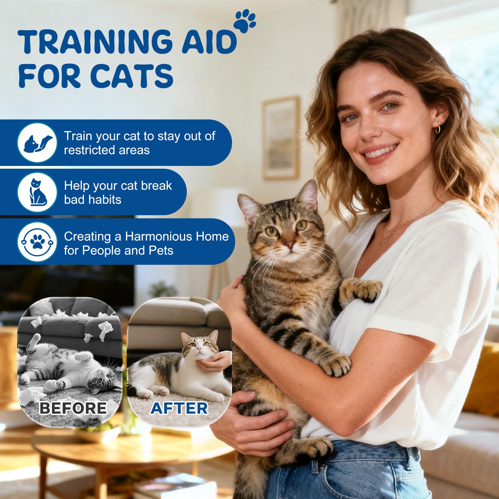 Woman holding cat showing before and after results of using cat deterrent spray for behavior training and scratch prevention.