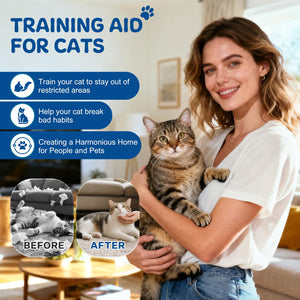 Woman holding cat showing before and after results of using cat deterrent spray for behavior training and scratch prevention.