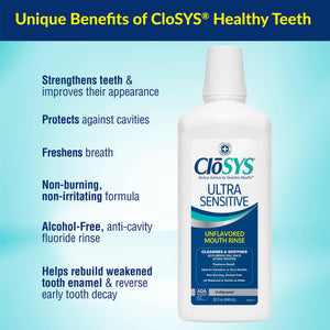 CloSYS Ultra Sensitive mouth rinse bottle with benefits listed on a blue background