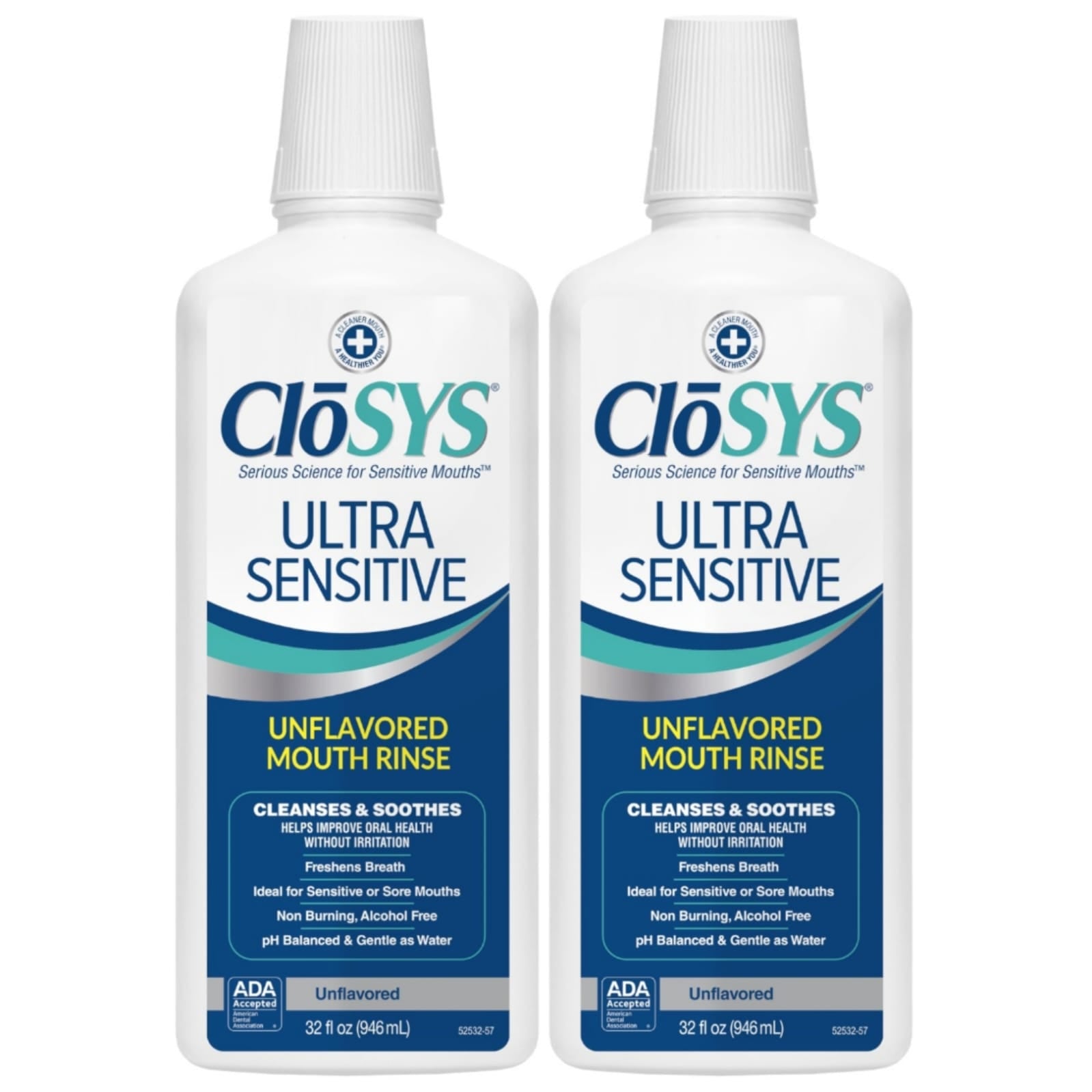 Two bottles of CloSYS Ultra Sensitive mouth rinse on a white background