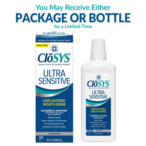 CloSYS Ultra Sensitive mouth rinse packaging and bottle on a white background