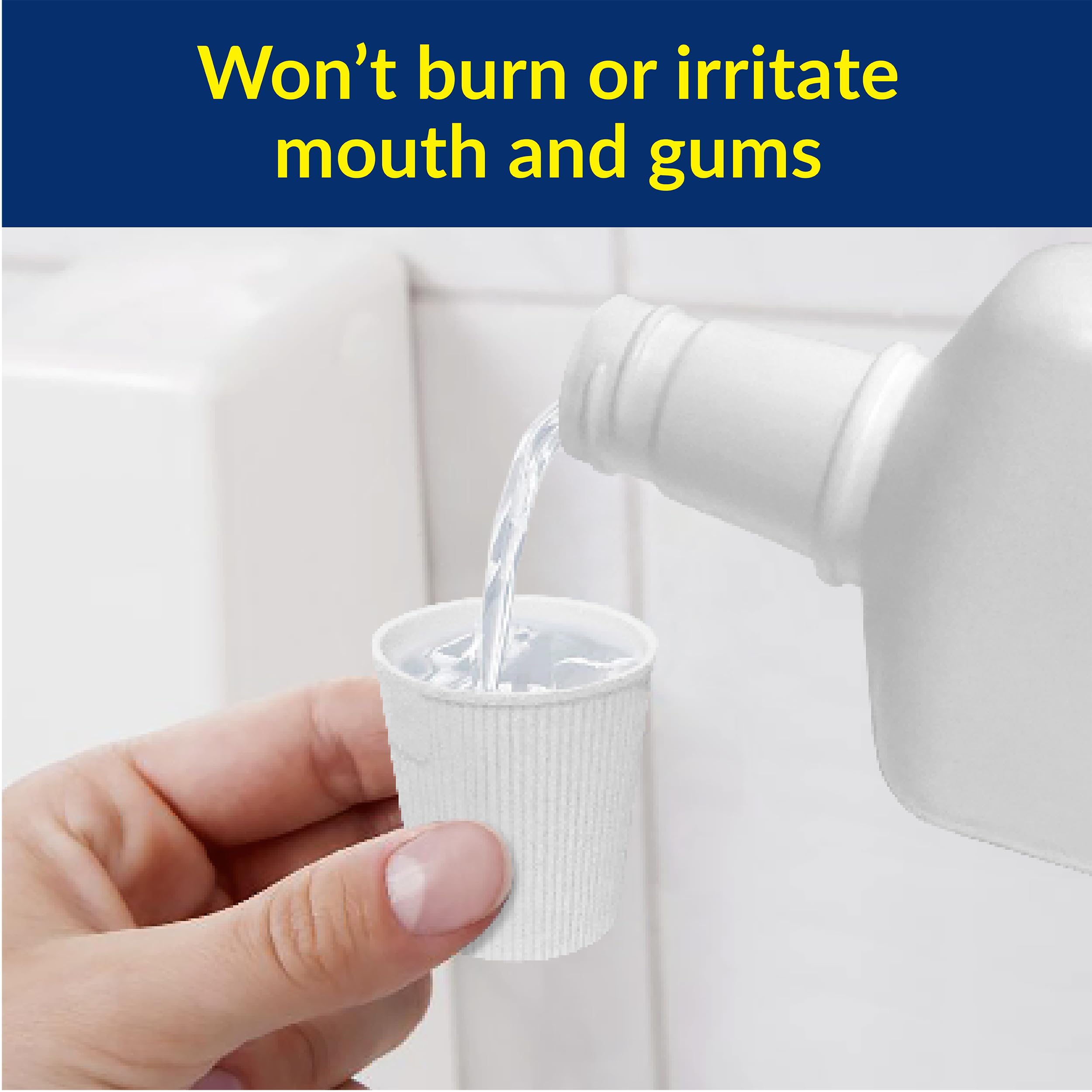 Hand pouring liquid from a bottle into a small container with text about mouth and gums.