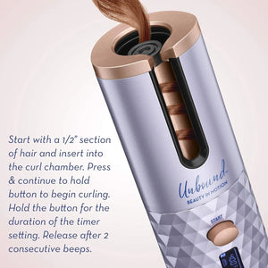 Hair curling tool with hair being curled, featuring 'Unbound' branding.