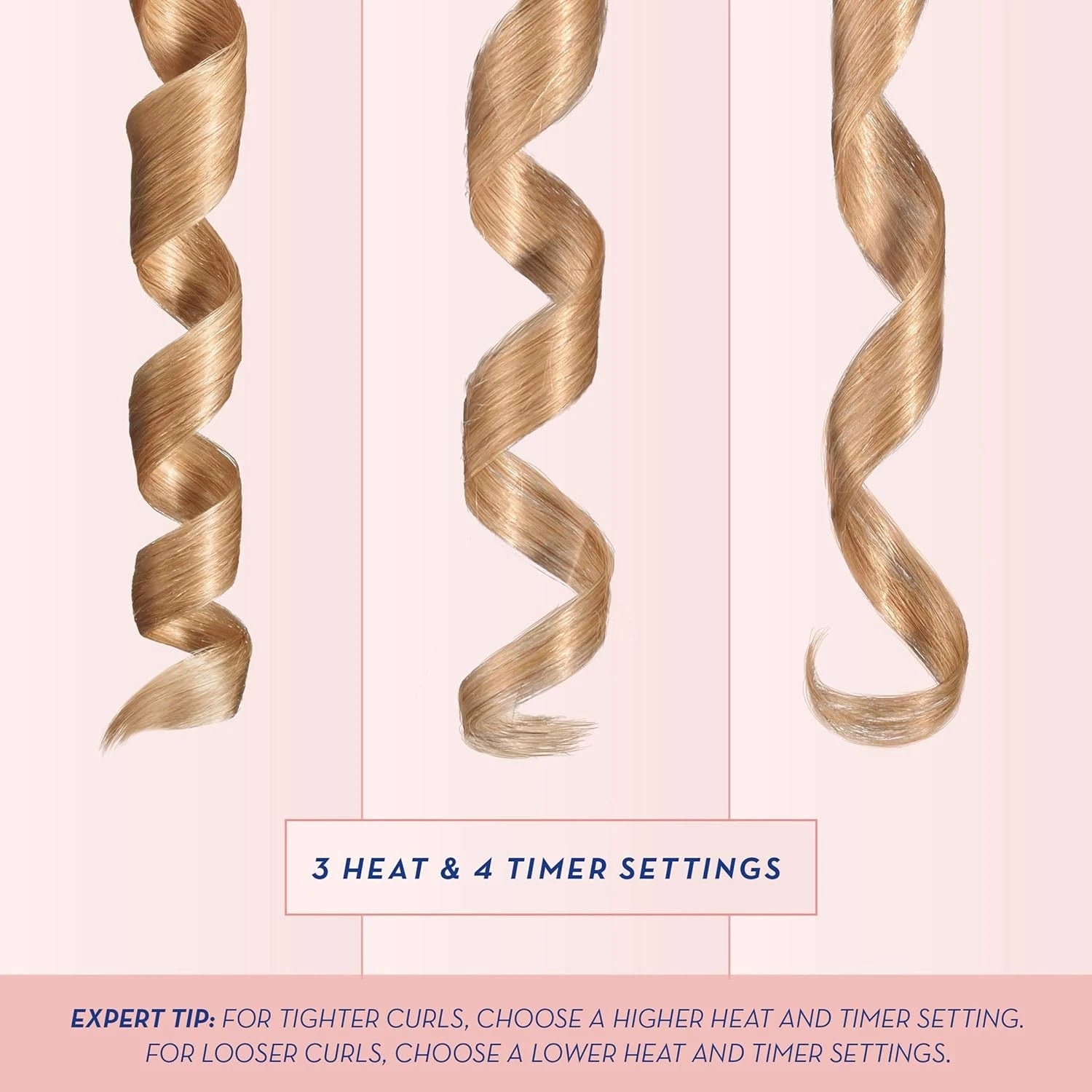 Three hair curlers with different levels of curl tightness on a pink background.