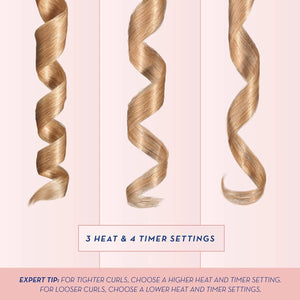Three hair curlers with different levels of curl tightness on a pink background.