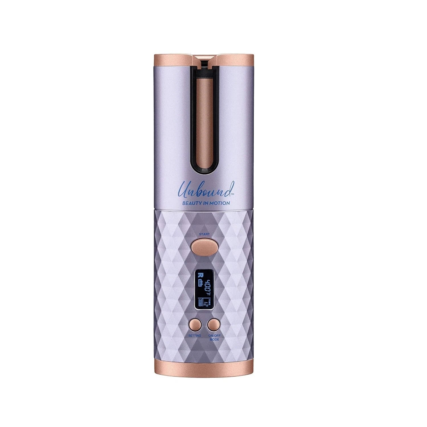 Portable beauty device with geometric pattern and rose gold accents on a white background