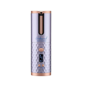 Portable beauty device with geometric pattern and rose gold accents on a white background