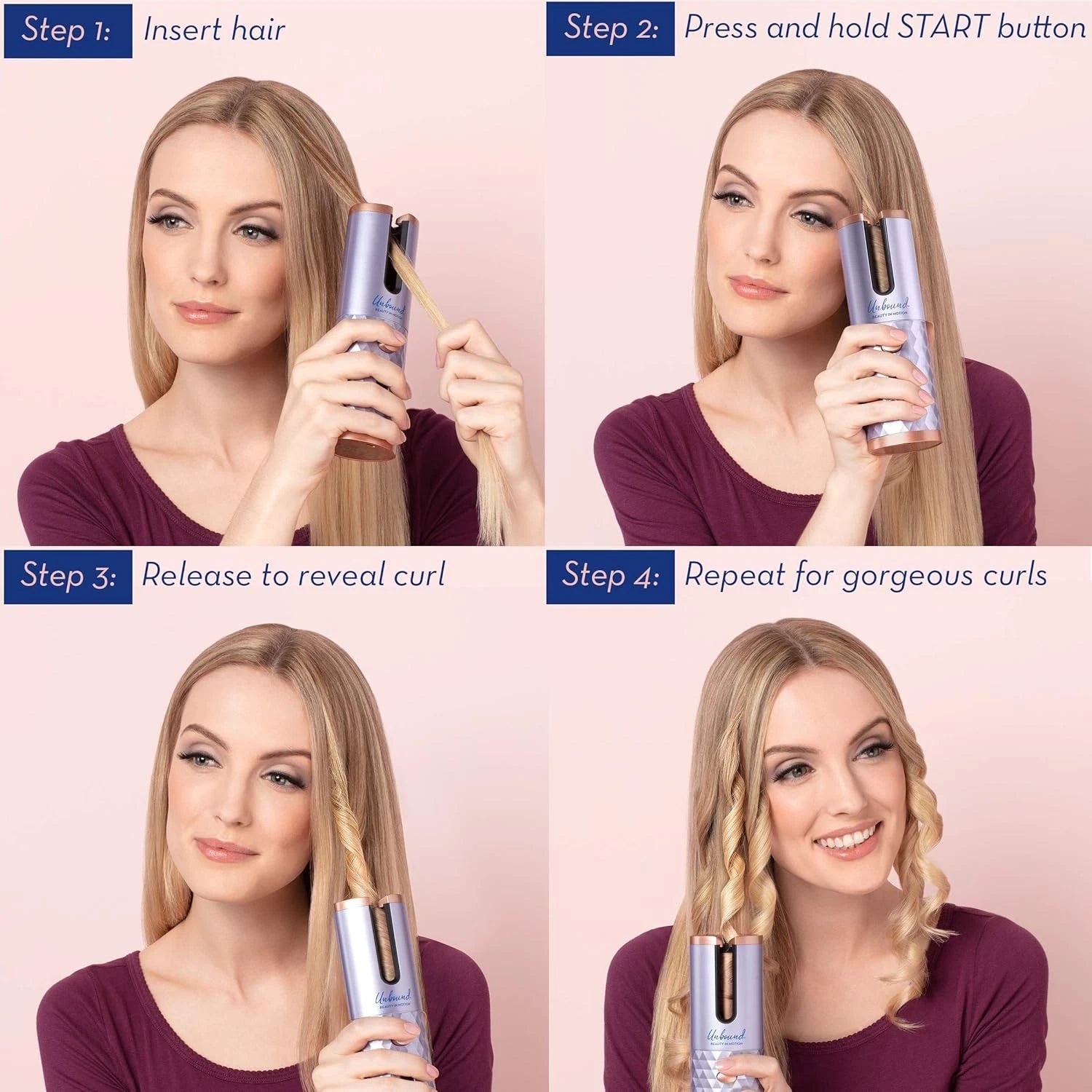 Step-by-step guide on using a hair curling product with a woman demonstrating each step.
