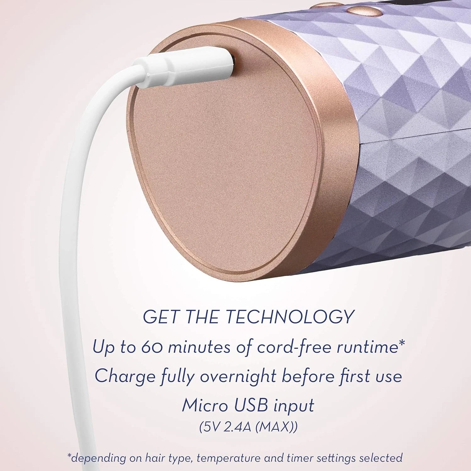 Electronics device with charging cable and geometric pattern on a light pink background