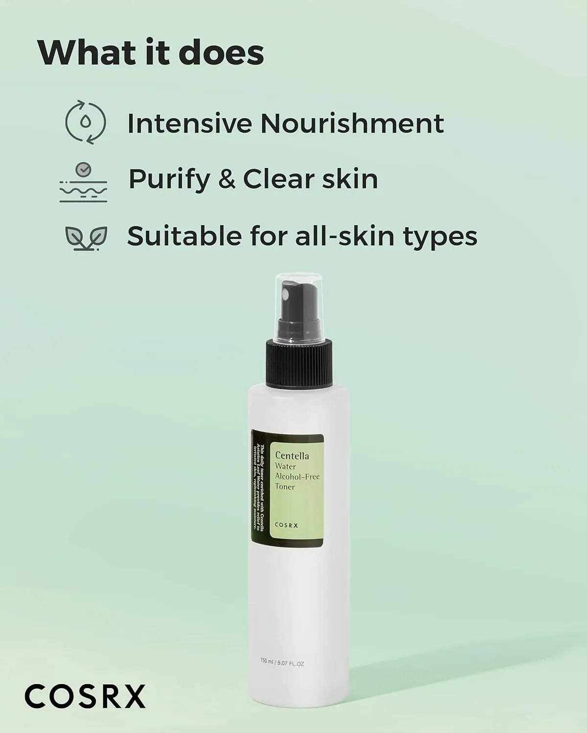 COSRX Centella Water Alcohol-Free Toner showing nourishment and skin clarity benefits