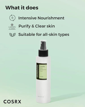 COSRX Centella Water Alcohol-Free Toner showing nourishment and skin clarity benefits