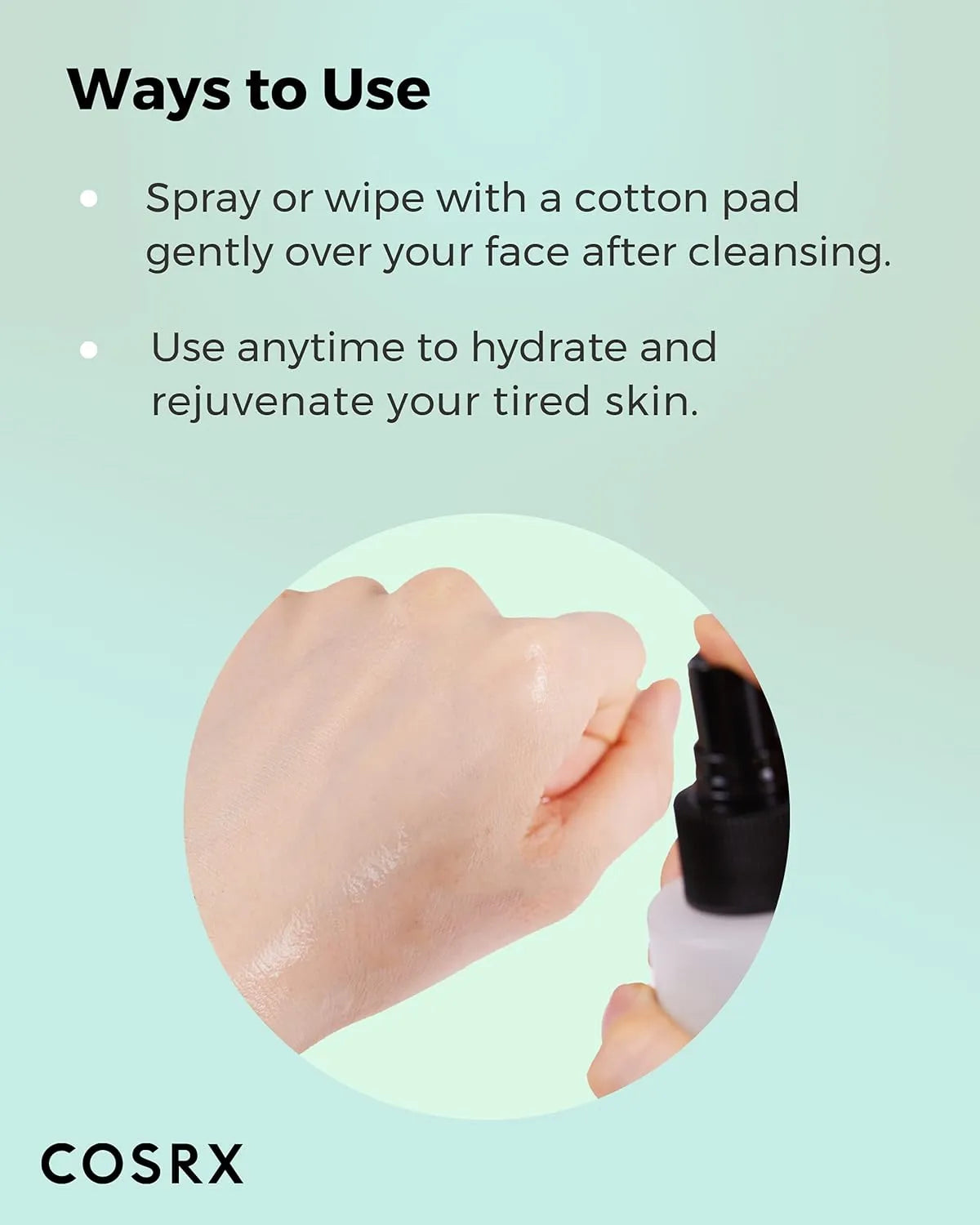 Spray texture of COSRX Centella Water Alcohol-Free Toner on skin
