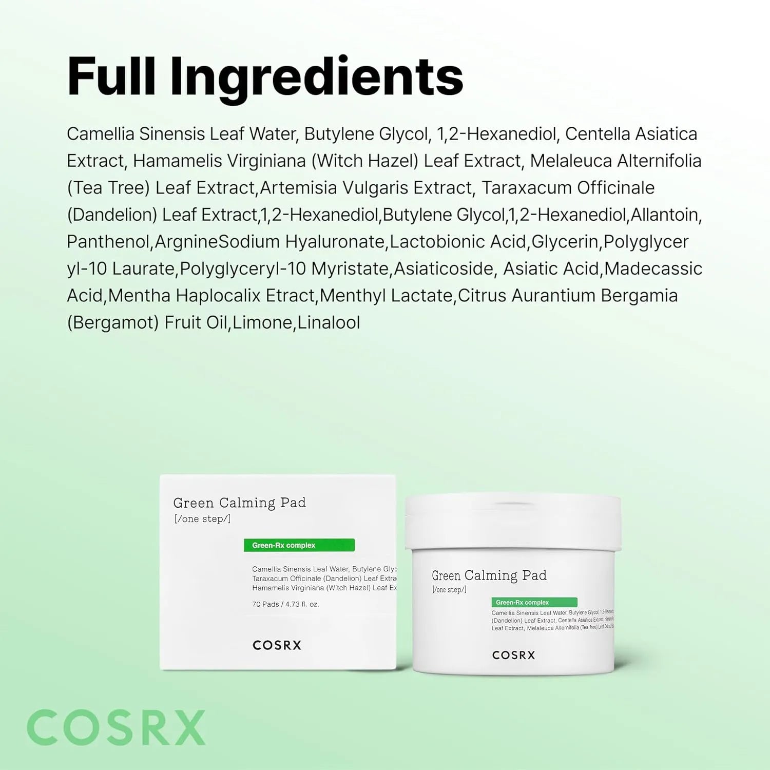COSRX Green Calming Pad packaging showing full ingredient list
