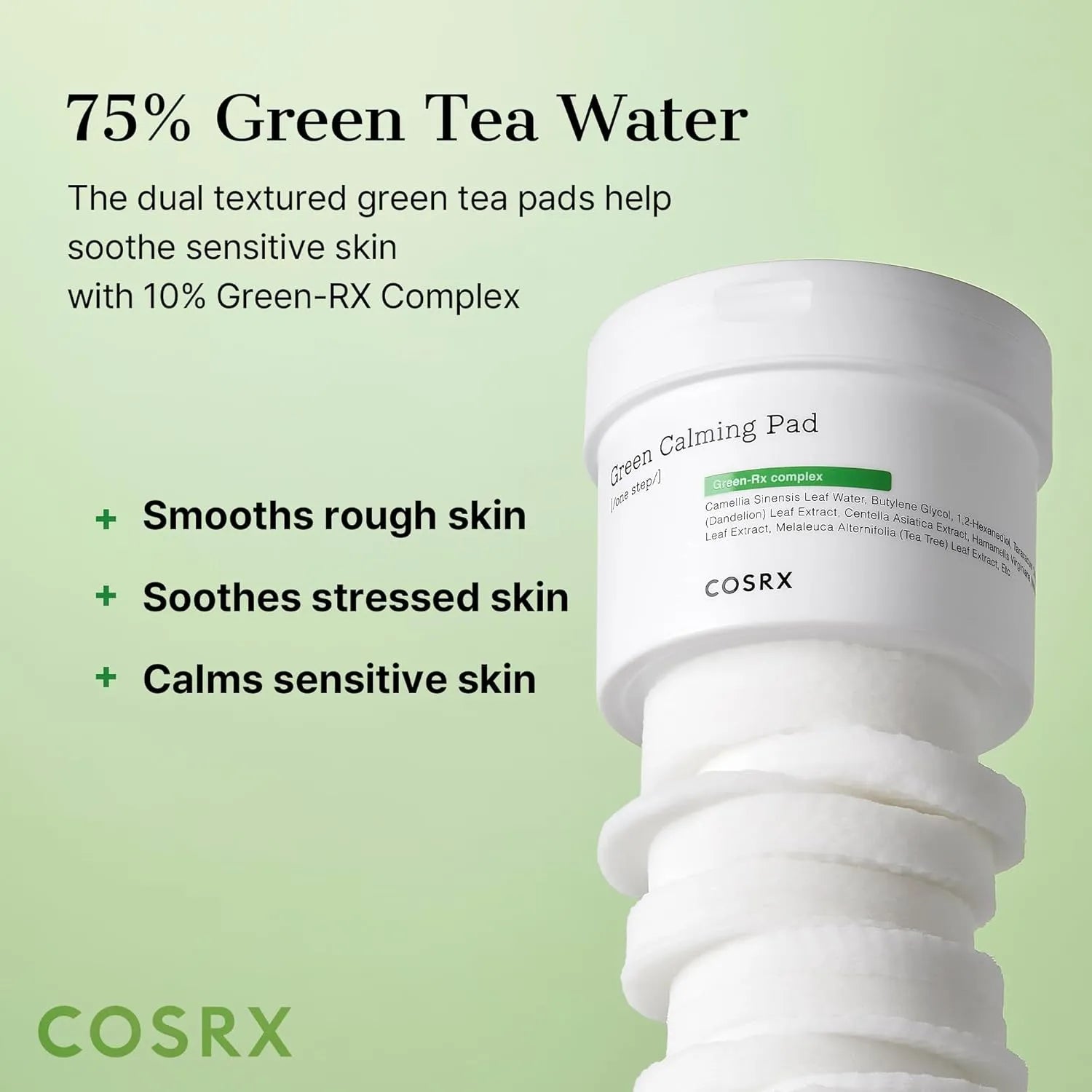 COSRX Green Calming Pad with 75 percent green tea water for calming skin