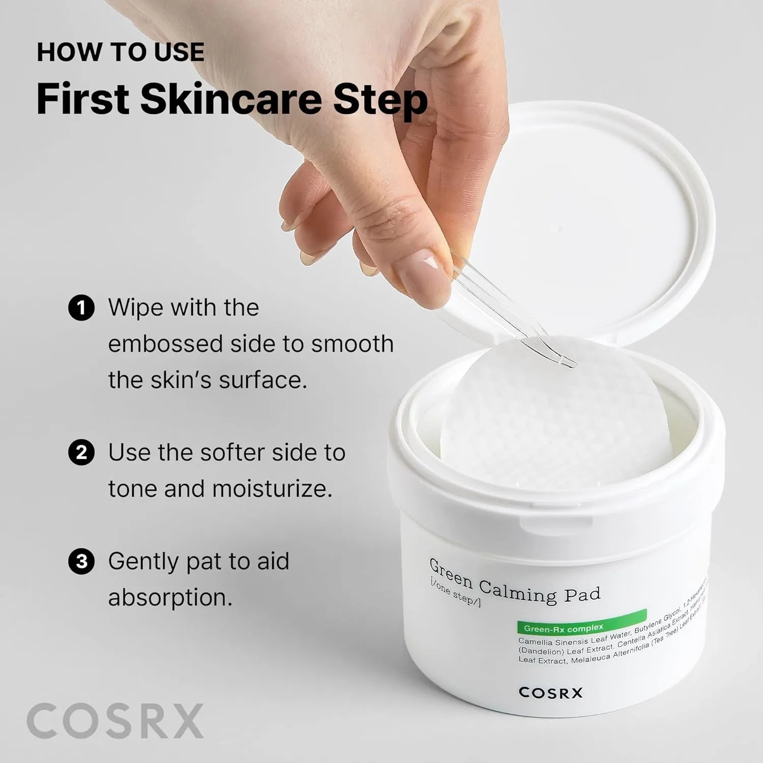 COSRX Green Calming Pad used as first skincare step for smooth skin