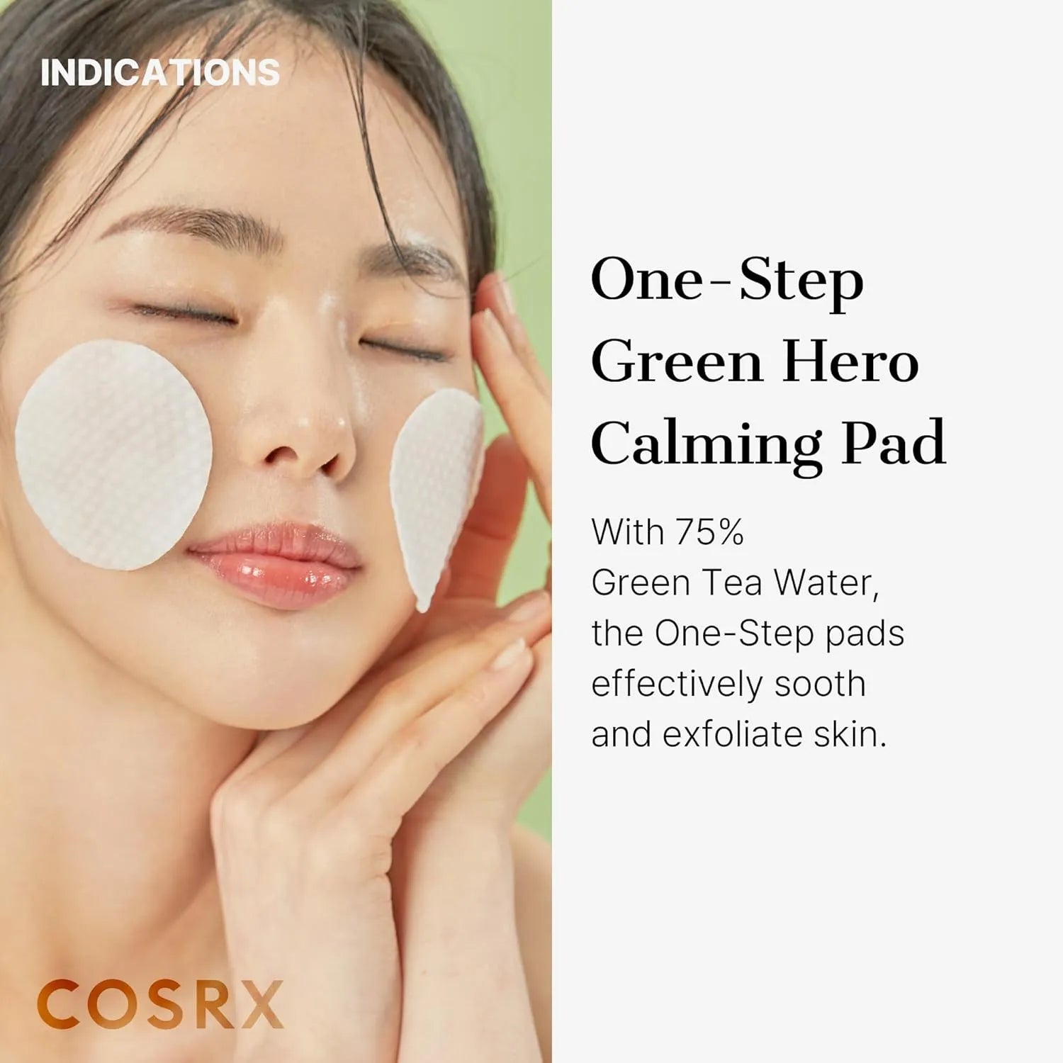 Model applying COSRX Green Calming Pad to soothe sensitive and irritated skin