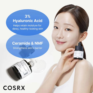 Model holding COSRX Hyaluronic Acid 3 Serum showing ceramide and NMF hydration benefits