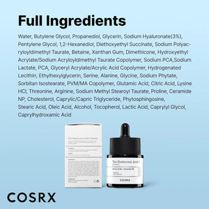 COSRX Hyaluronic Acid 3 Serum packaging displaying full ingredient list and product bottle