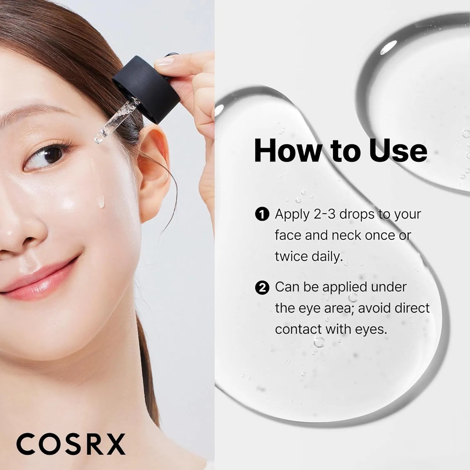 How to use COSRX Hyaluronic Acid 3 Serum with dropper application on face and neck