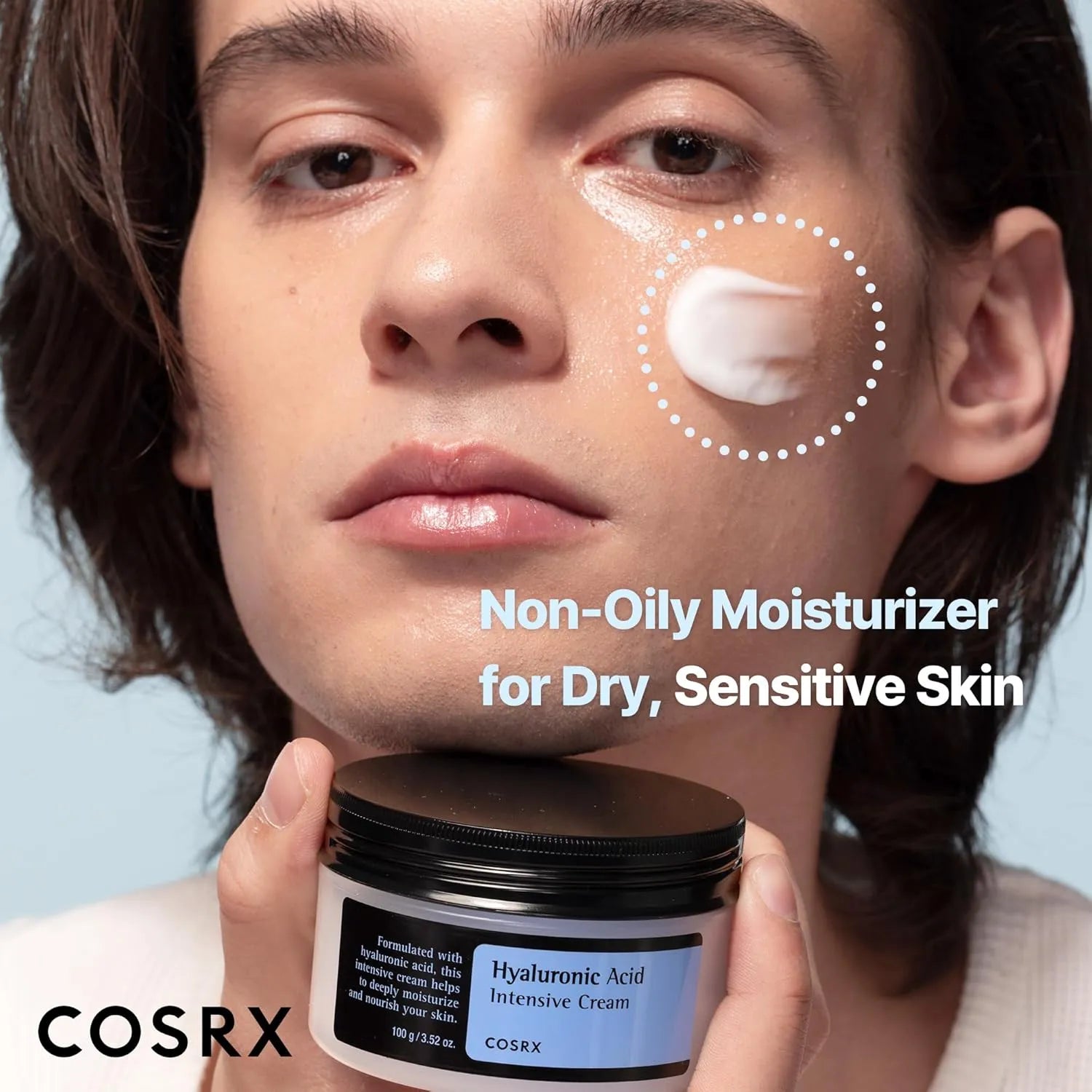 COSRX Hyaluronic Acid Moisturizing Cream applied on face for dry sensitive skin