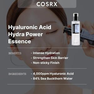 COSRX Hyaluronic Acid Hydra Power Essence showing intense hydration and non-sticky finish
