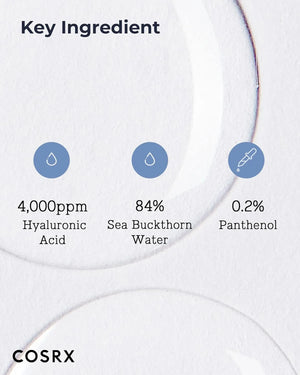 COSRX Hyaluronic Acid Hydra Power Essence with hyaluronic acid, sea buckthorn water, and panthenol