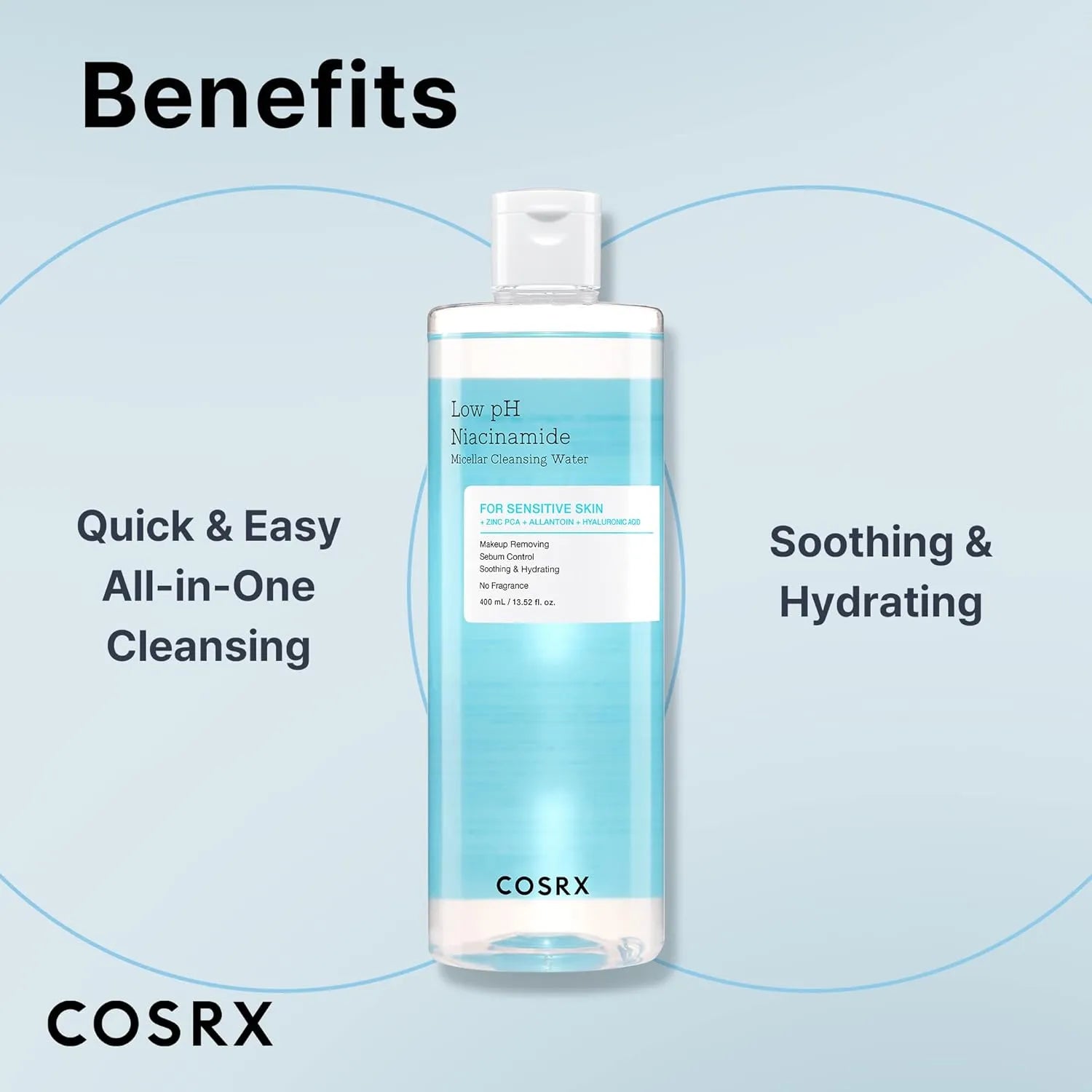 COSRX low pH micellar cleansing water showing soothing and hydrating benefits
