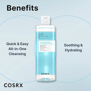 COSRX low pH micellar cleansing water showing soothing and hydrating benefits