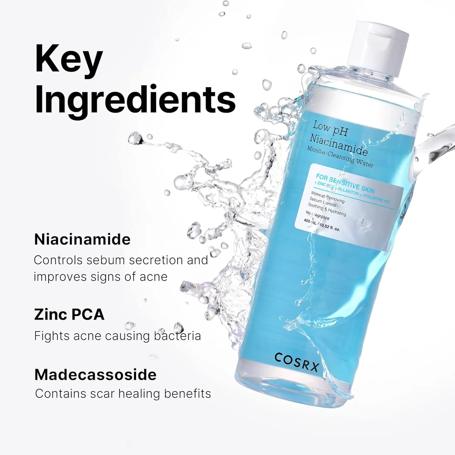 COSRX micellar cleansing water with niacinamide, zinc PCA, and madecassoside