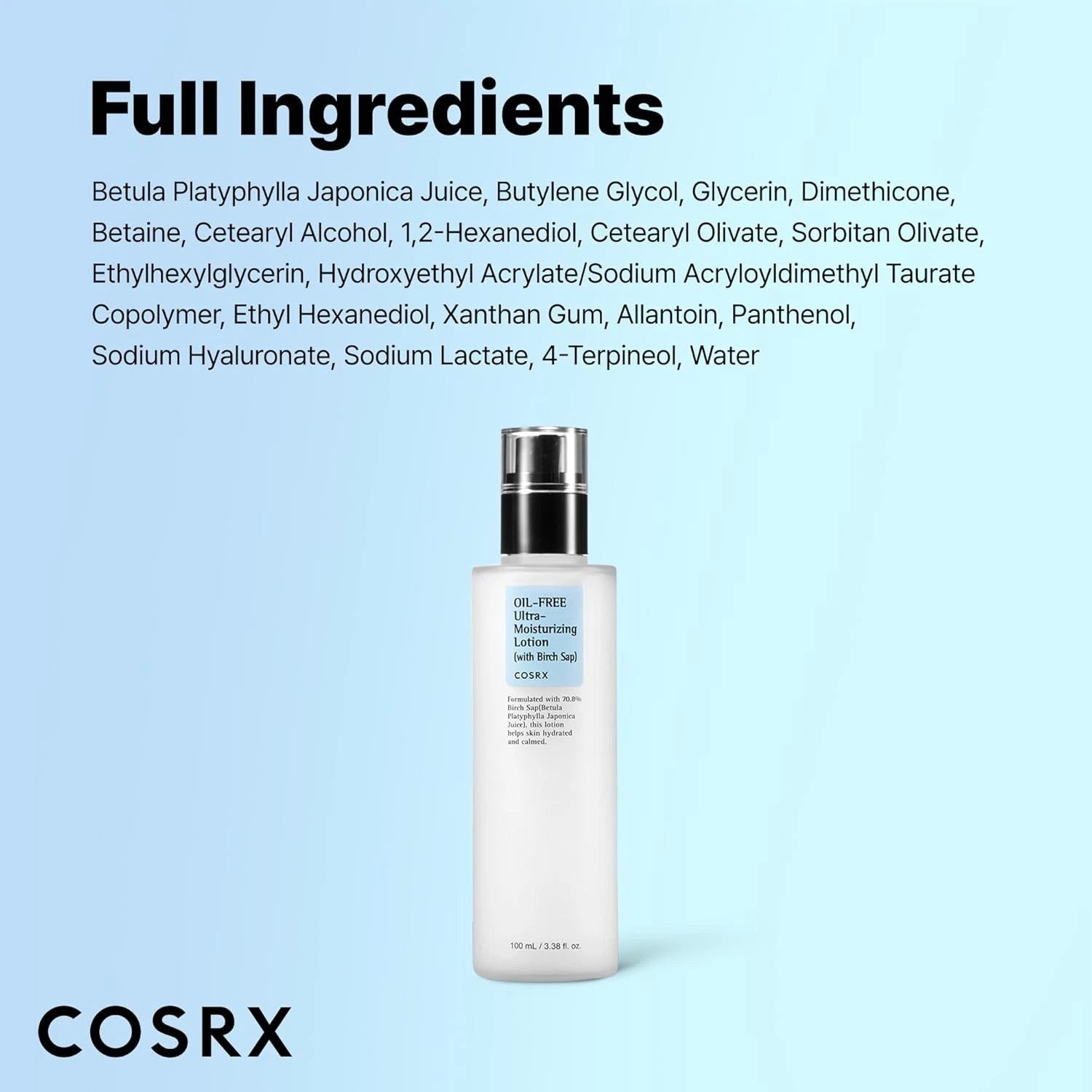 COSRX Oil Free Lotion with Birch Sap showing full ingredients and bottle design