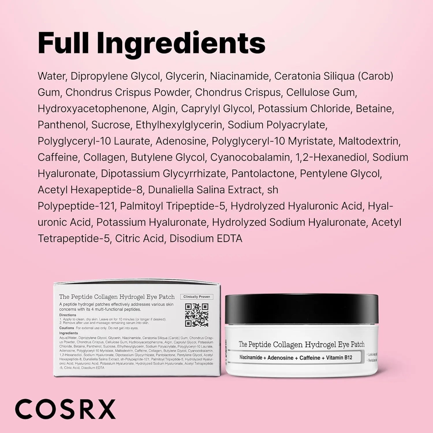 COSRX Pink Peptides Collagen Hydrogel Eye Patch packaging showing full ingredients list