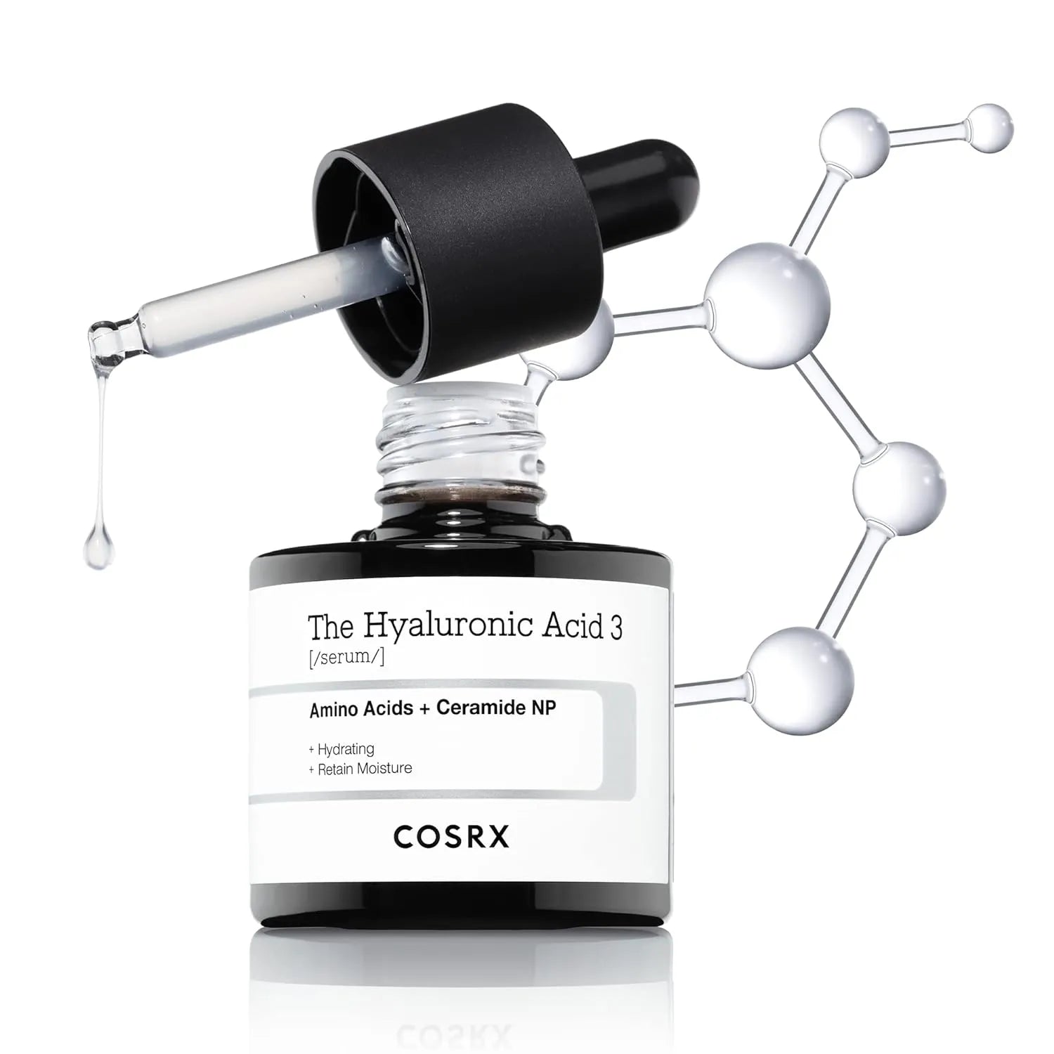 COSRX Pure Sodium Hyaluronic Acid 3% Serum bottle with dropper showing lightweight hydrating texture