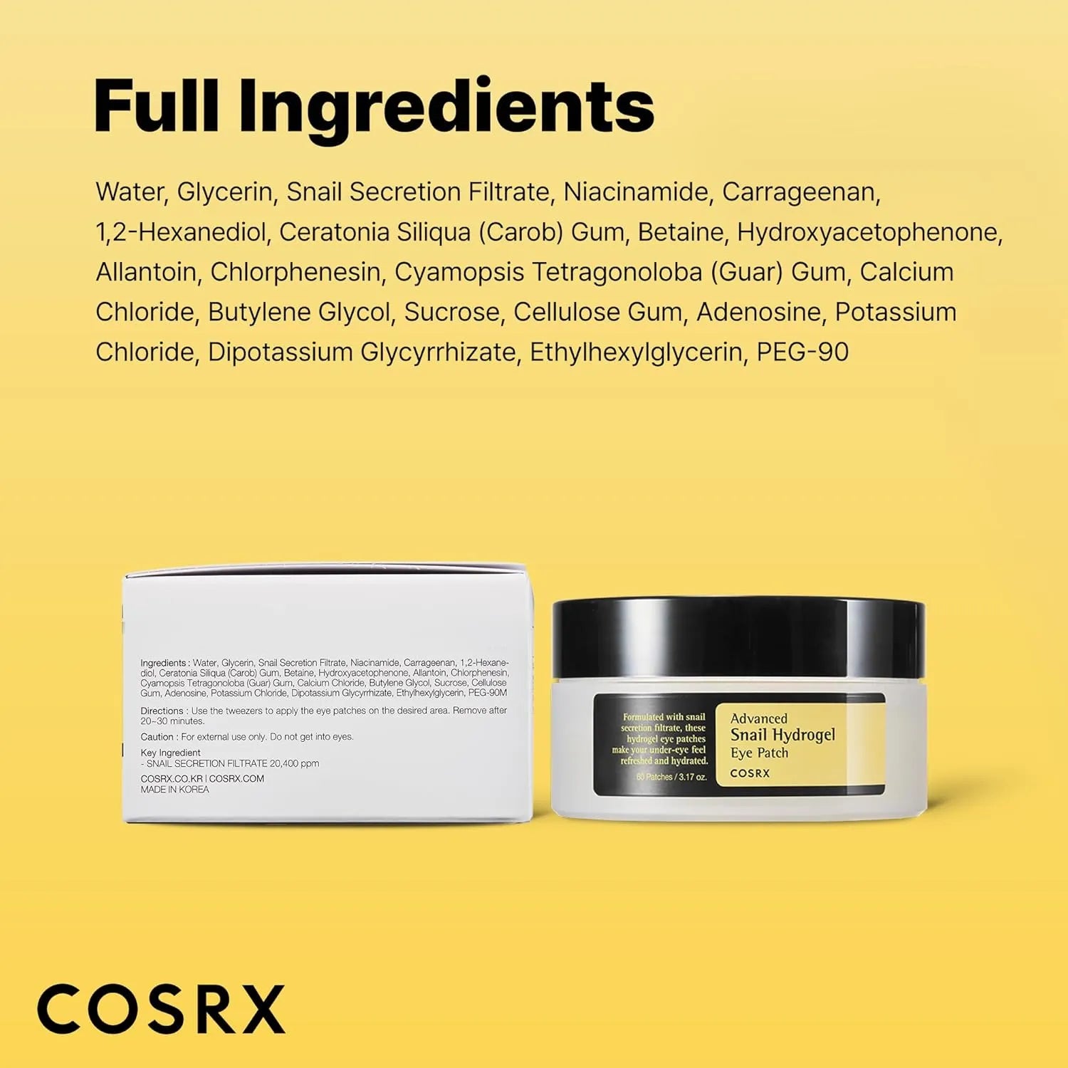 COSRX Advanced Snail Hydrogel Eye Patch ingredients with snail mucin and niacinamide