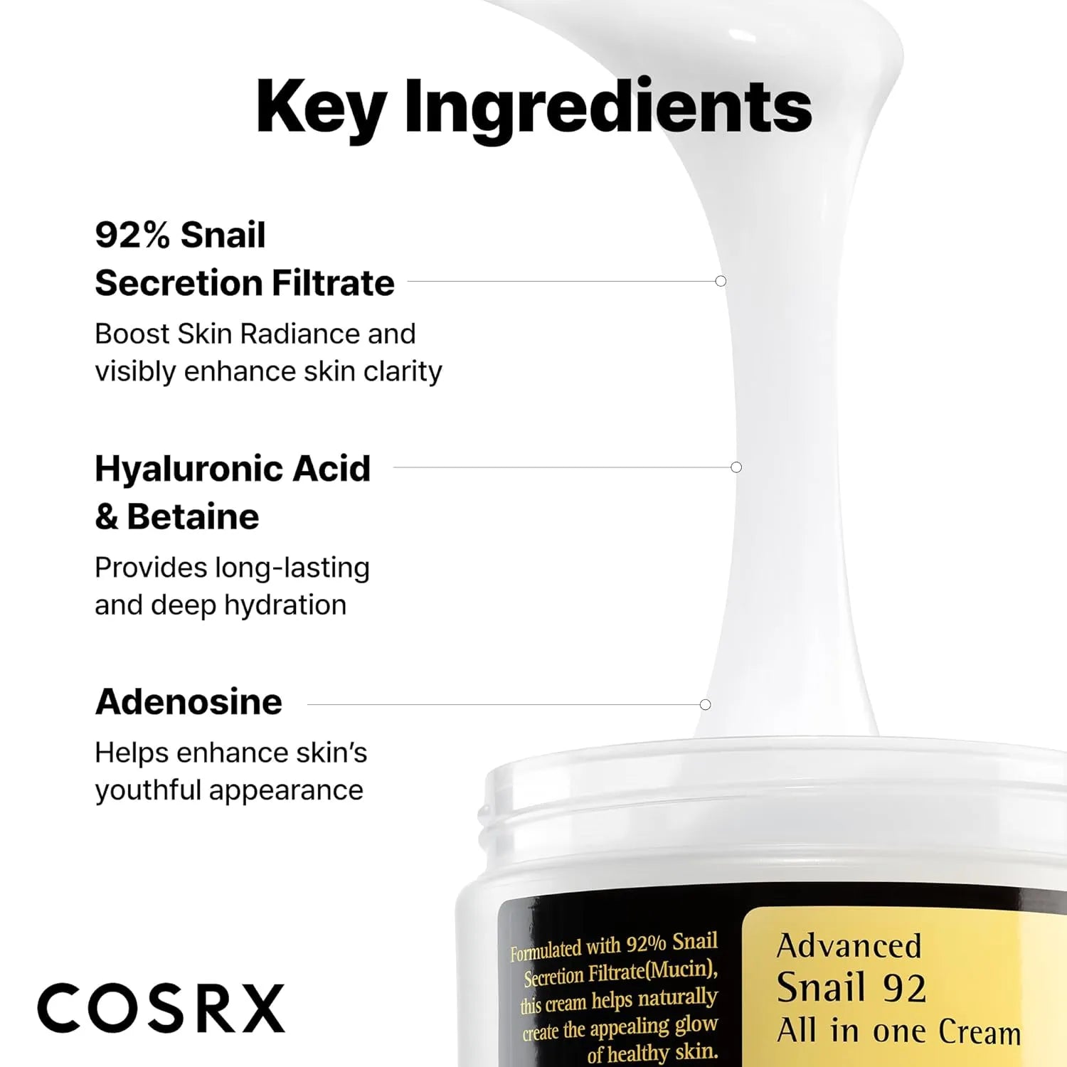 Key ingredients of COSRX Snail Mucin 92% face moisturizer