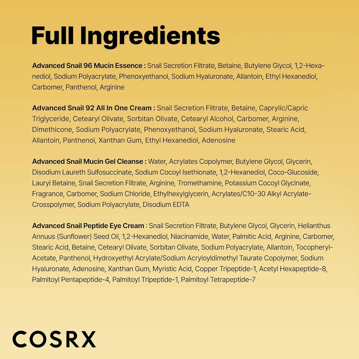 COSRX All About Snail Mucin skincare set full ingredient list