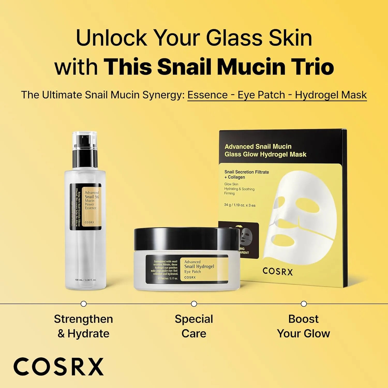 COSRX snail mucin skincare routine featuring essence, eye patch and mask