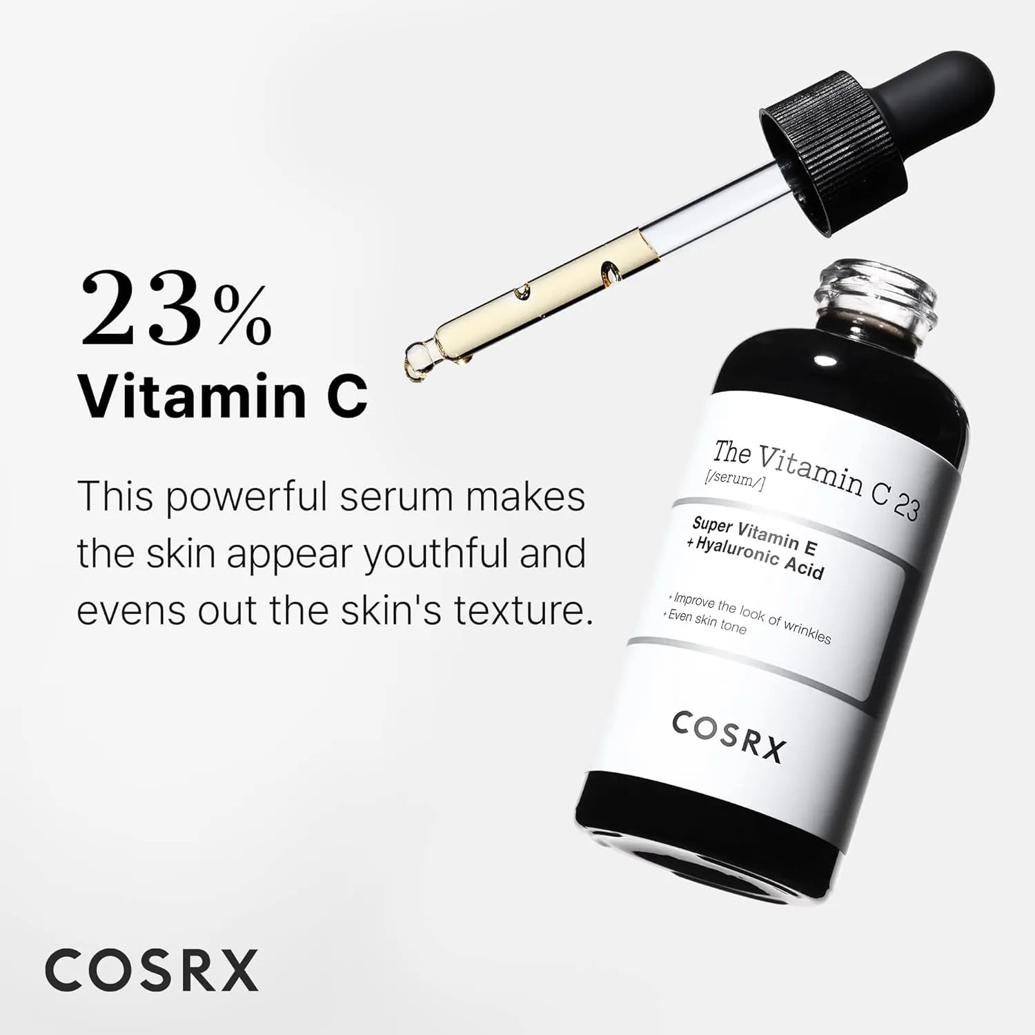 COSRX Vitamin C 23% serum bottle and dropper highlighting youthful skin and smoother texture benefits