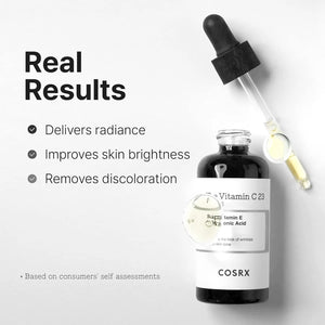 COSRX Vitamin C 23% serum shown with dropper highlighting brighter skin and improved radiance results