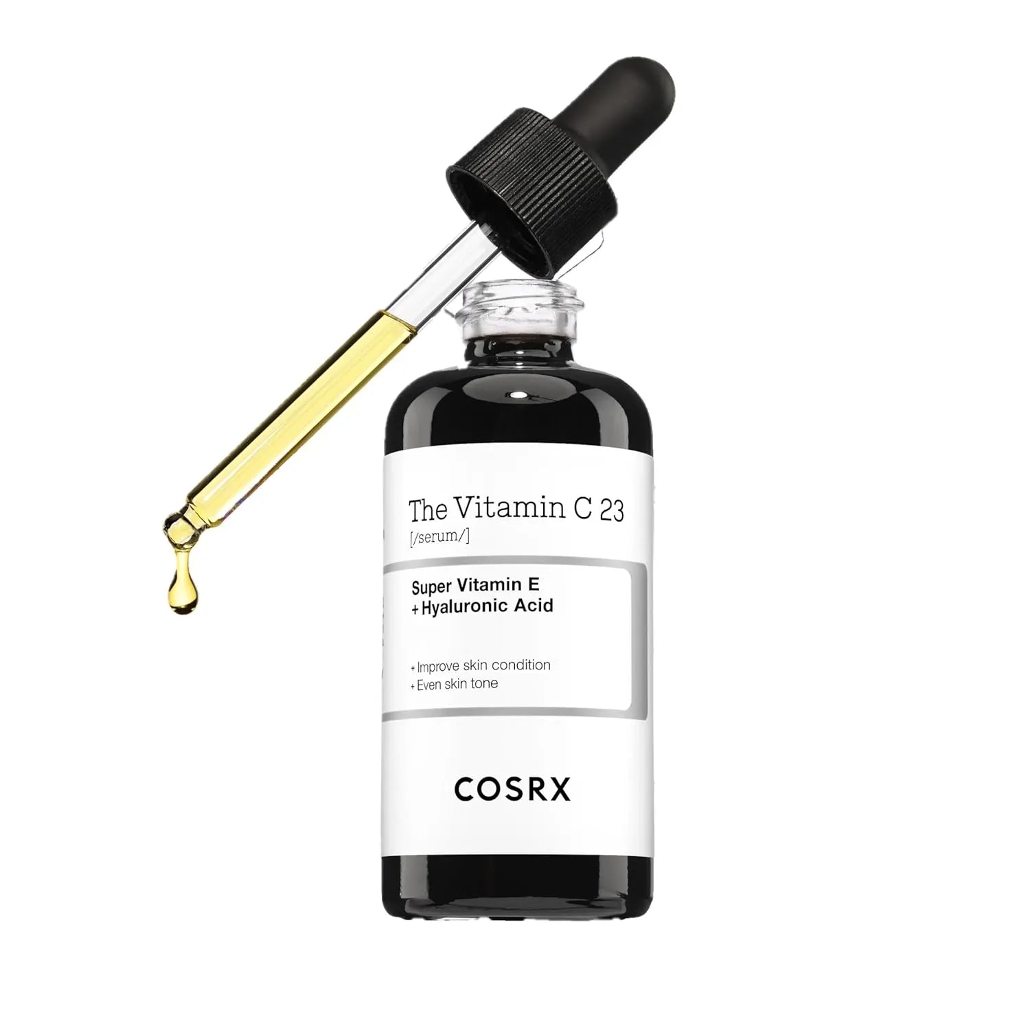 COSRX Vitamin C 23% serum bottle with dropper showing golden vitamin C serum texture